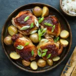 Tangy Chicken Adobo with crispy potatoes and rice. Golden-brown chicken thighs in savory sauce with garlic and bay leaves.