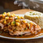 Slow cooker Jezebel chicken breasts glazed with pineapple-mustard sauce, served with fluffy rice and fresh herbs